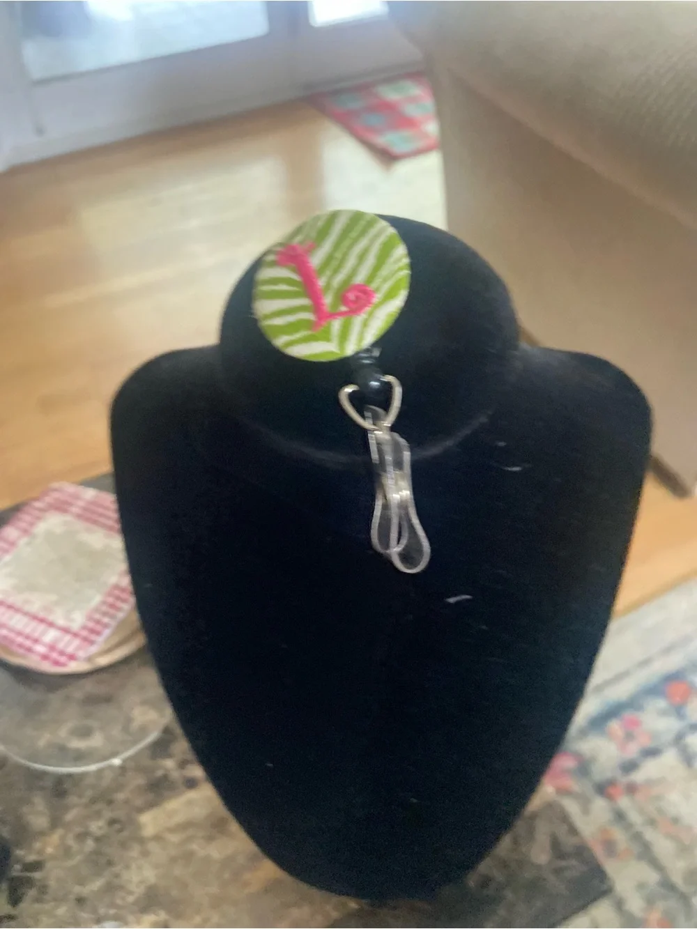 Green Zebra Button Pendant with Pink Monogram L Accent